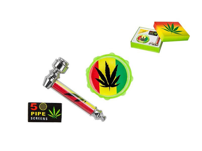 Handpfeifen-Set "Jamaika/Hanf" 3tlg. (Pfeife: L 8,3cm / Grinder: Ø 5cm)