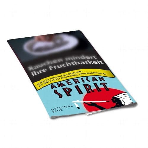 Auf dem Bild ist eine 30g-Packung Drehtabak American Spirit Original Blue zu sehen, mit Warnhinweisen und bunter Verpackung.