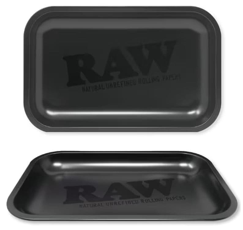 RAW Rolling Tray Drehunterlage Metall - "klassisch Schwarz + Schwarzes Logo", klein, 27,5 x17,5 x 2,5cm